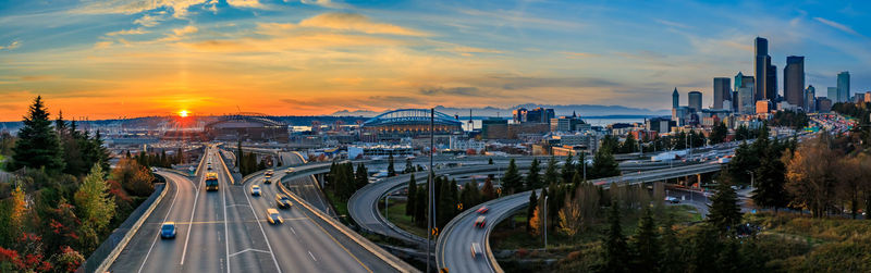 High angle view of city at sunset