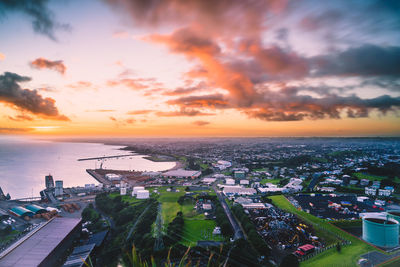 High angle view of cityscape against sky during sunset