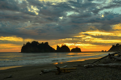 Scenic view of beach against sky during sunset