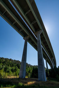 Low angle view of bridge against clear blue sky