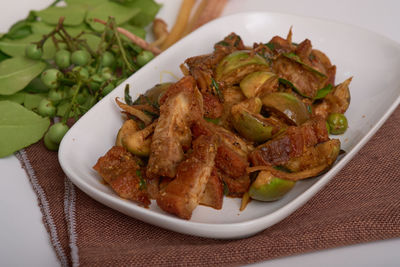 High angle view of food in plate on table