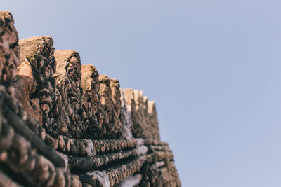 Close-up of stack of rocks against clear sky