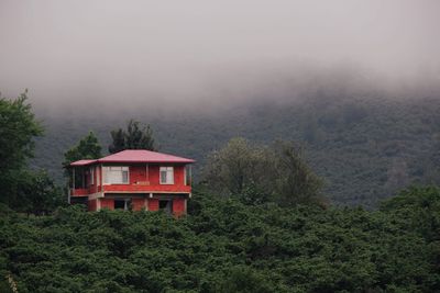 House in forest against mountains