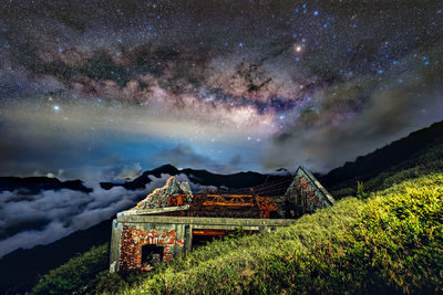 Abandoned cable car station under the milky way