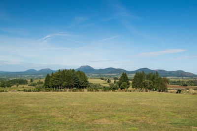 Scenic view  to auvergne volcanos of field against sky