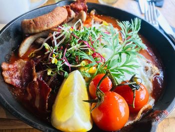 High angle view of food in plate