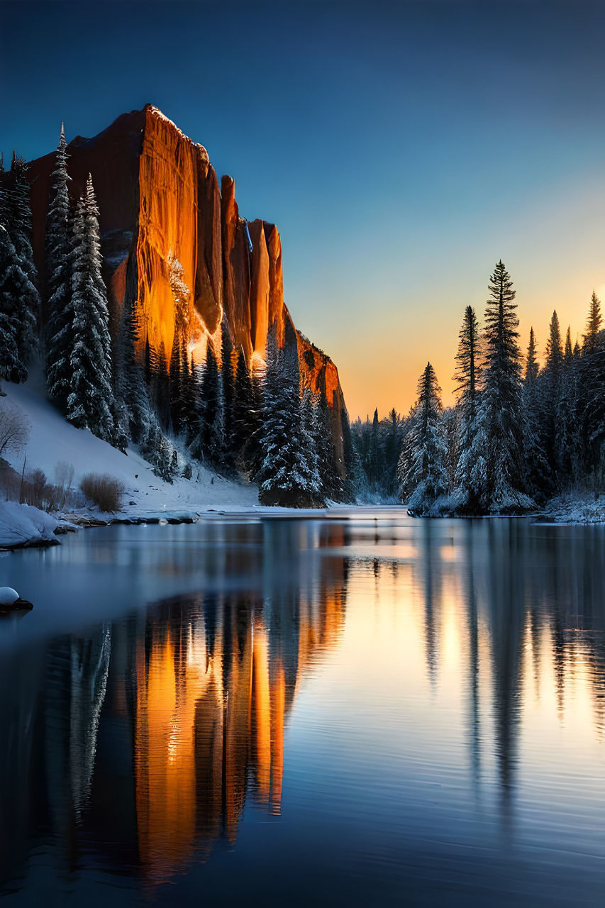 reflection, water, scenics - nature, tree, beauty in nature, sky, lake, cold temperature, nature, winter, tranquility, tranquil scene, landscape, snow, mountain, environment, dawn, morning, plant, forest, no people, pine tree, sunrise, coniferous tree, land, travel destinations, blue, non-urban scene, pinaceae, mountain range, idyllic, pine woodland, woodland, outdoors, twilight, travel, wilderness, sun, frozen, ice