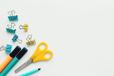 High angle view of colored pencils on white background