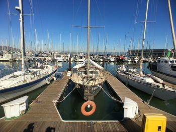 Boats moored at harbor against clear sky