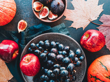 High angle view of fruits in bowl on table