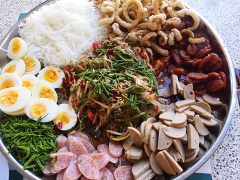 High angle view of food in plate on table