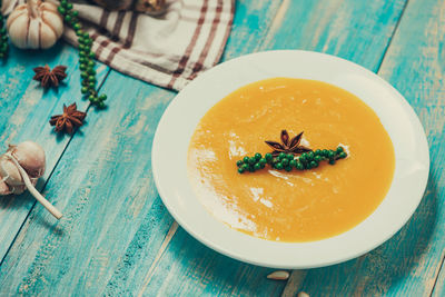 High angle view of food in plate on table