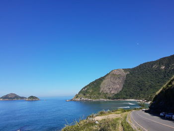 Scenic view of sea against clear blue sky
