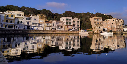 Reflection of buildings on lake against sky