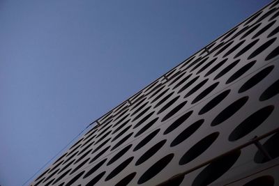 Low angle view of modern building against clear blue sky