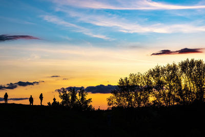 Silhouette people standing by trees against sky during sunset