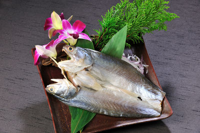 Close-up of fish in plate served on table