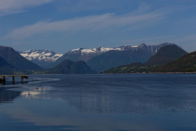 Scenic view of lake by snowcapped mountains against sky