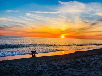 Silhouette people on beach against sky during sunset