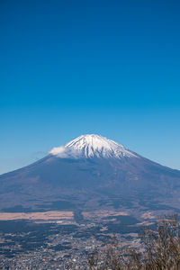 Scenic view of snowcapped mountains against clear blue sky