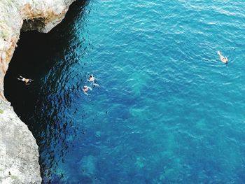 High angle view of men swimming in sea