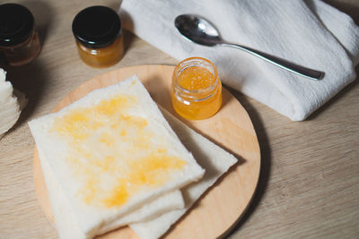 High angle view of breakfast on table