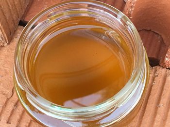 High angle view of tea in glass jar on table