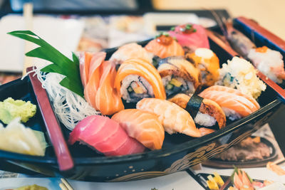 Close-up of sushi served in plate