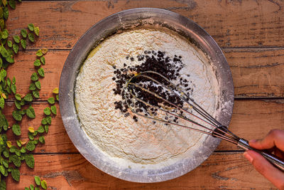 High angle view of food in bowl on table