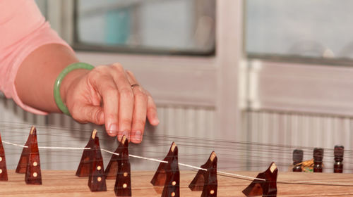 Close-up of chess playing on table