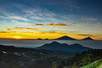 Scenic view of silhouette mountains against sky during sunset