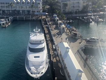 High angle view of ship moored in sea
