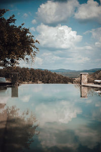 Scenic view of lake against cloudy sky