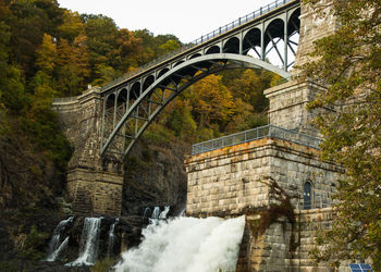 Arch bridge over river against trees