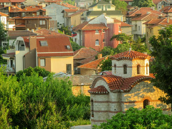 High angle view of buildings in town