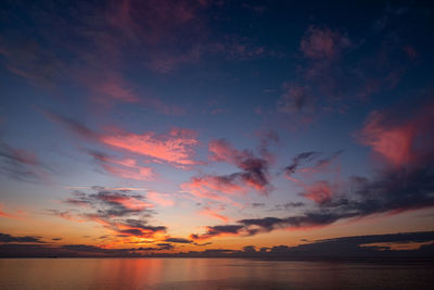 Scenic view of sea against romantic sky at sunset