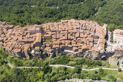 Aerial view of the medieval town of pitigliano in the province of grosseto on the hills 