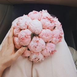 Midsection of woman holding pink flowers while sitting in car