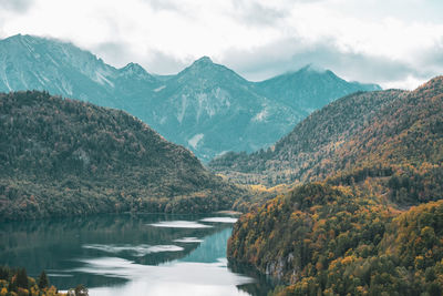 Scenic view of mountains and lake against sky