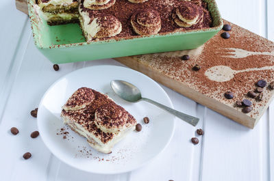 High angle view of cake in plate on table