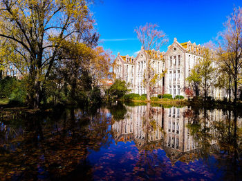 Reflection of trees in water against sky