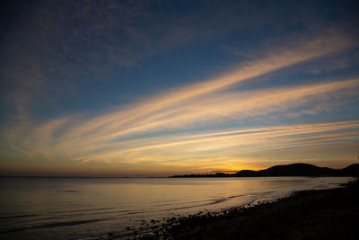 Scenic view of sea against romantic sky at sunset