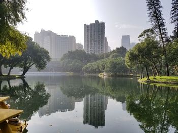 Reflection of trees and buildings in lake