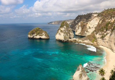 Panoramic view of sea and rocks against sky