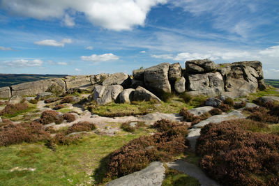 Rock formations on landscape against sky