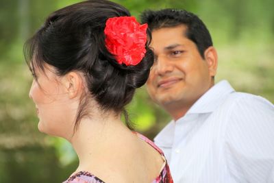 Portrait of happy couple with hands