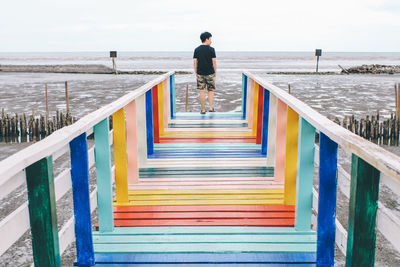 Rear view of man standing on railing against sea