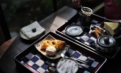 High angle view of breakfast on table