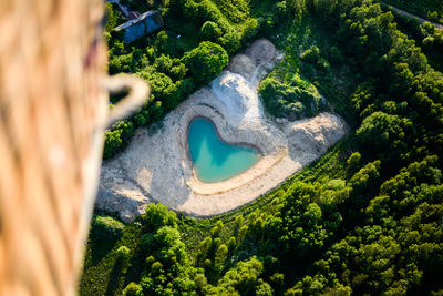 High angle view of heart shape lake amidst trees