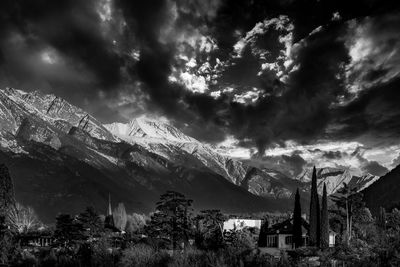 Panoramic shot of trees and buildings against sky